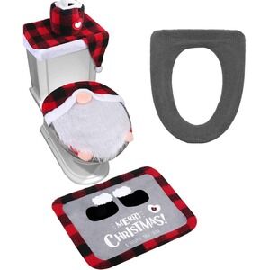 Gnome Christmas Toilet Seat Cover & Rug Set Red and Black Plaid